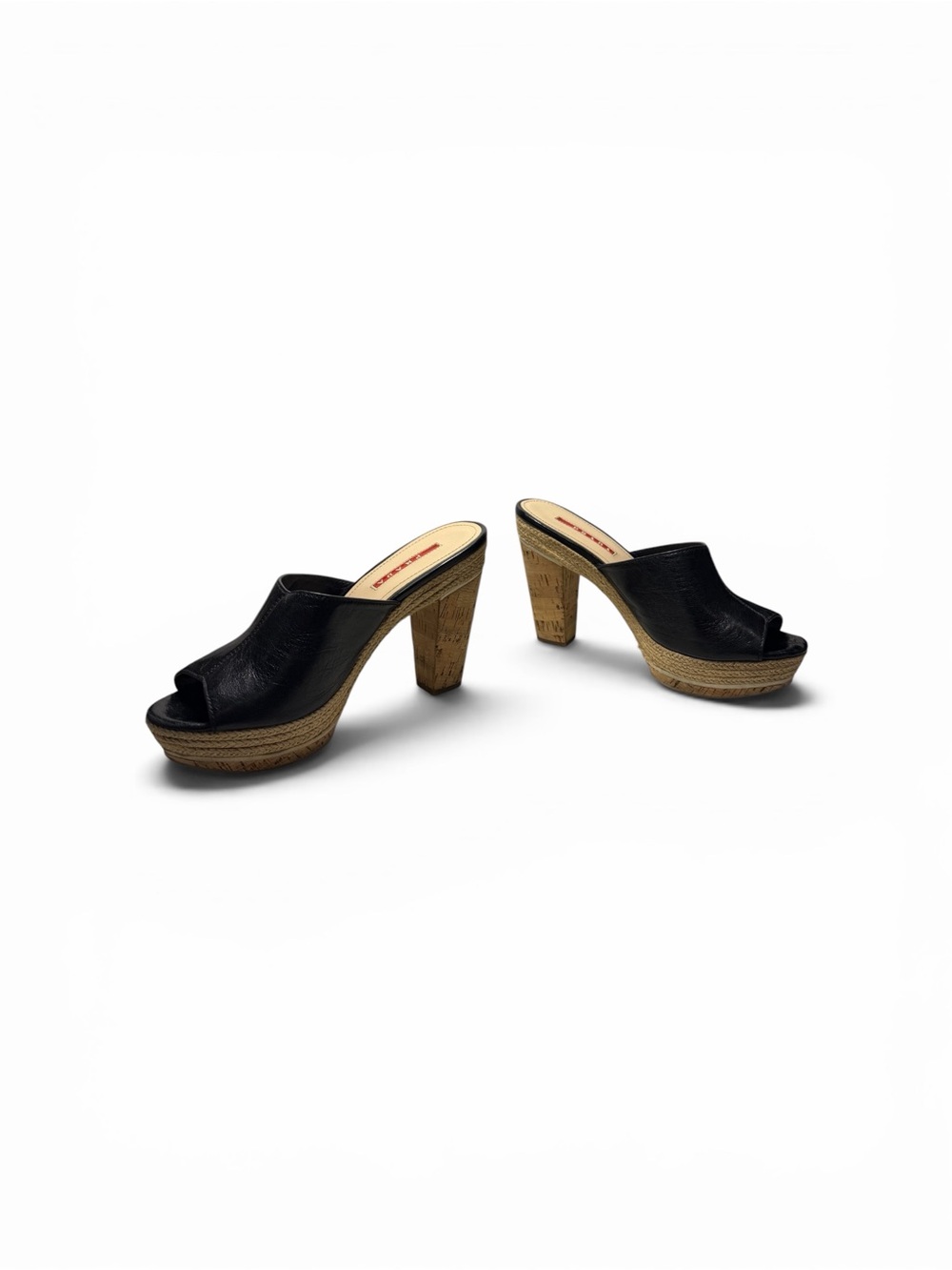 Prada Black Leather Peep-Toe Platform Mules with Cork Heel